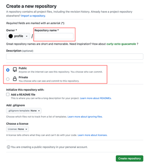 Настройки нового репозитория с обведёнными красным обязательным полем «Repository name» и чекбоксами «Public» и «Private»